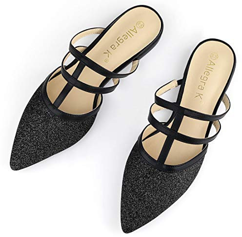 Allegra K Women's Glitter Pointed Toe Flats Mules Black 4 UK/Label Size 6 US