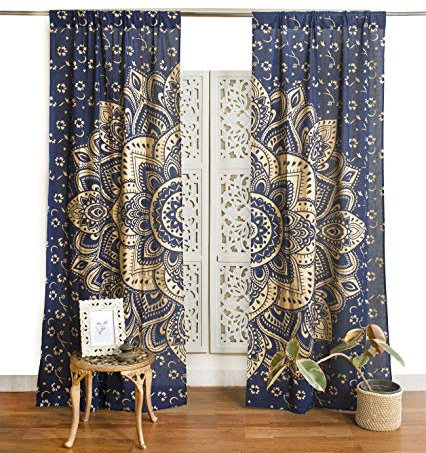 Popular Handicrafts Mandala-Vorhang, indischer Hippie-Stil, Bohemian-Stil, Ombré-Stil, Blau/Gold
