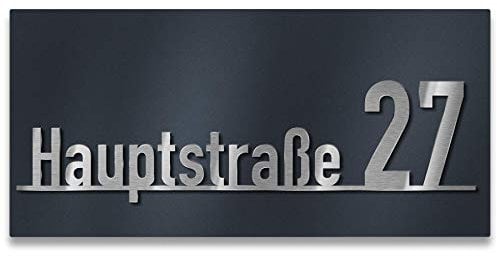 Metzler Hausnummern-Schild mit Straße - individueller Schriftzug aus Edelstahl - massiv & nicht rostend - alle Zahlen & Ziffern möglich - Anthrazit (400 x 200 mm)