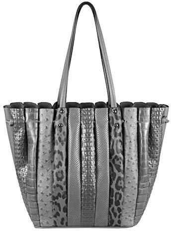OBC XXL Damen Tasche Shopper Handtasche Arbeit Bag Umhängetasche Schultertasche Leder Optik Kroko Strauß Leoparden Print Grau
