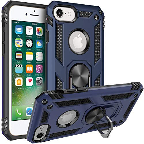 Fetrim Custodia per iPhone 7, Cover PC TPU Cassa Shell Supporto di Anello Rotante Case per Apple iPhone 6/6S/7/8 Blu Navy