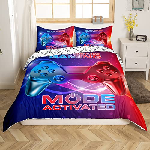 Tbrand Gaming Duvet Cover Set Galaxy Nebula Blue Red Gradient Bedding Set Kids Boys Video Game Gamepad Comforter Cover Novelty Game Controller Quilt Cover Bedroom Collection 3Pcs Super King