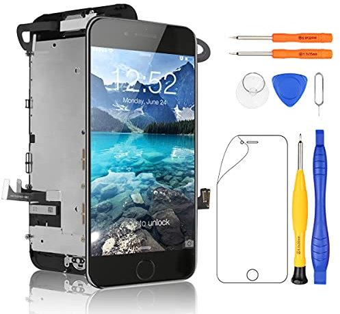 Yodoit for iPhone 7 Screen Replacement Black With Home Button, Front Camera, Earpiece Speaker, LCD Display Touch Digitizer Assembly + Repair Tool, Screen Glass Protector