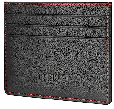 TORRO Porte-Cartes - Porte-Cartes de Crédit en Cuir Véritable, Portefeuille Fin, Compatible avec Les Transactions sans Contact (Noir avec Détail Rouge)
