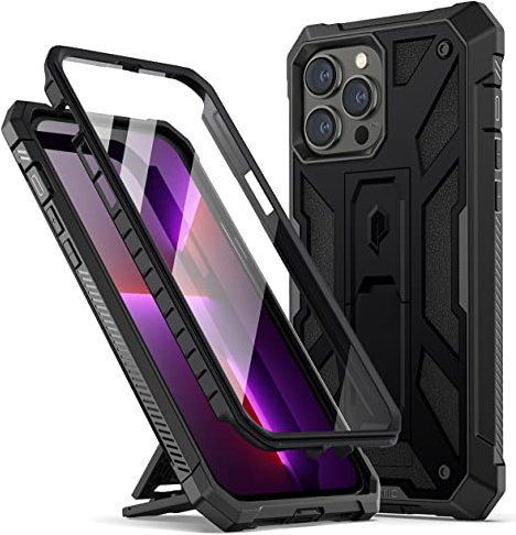 Poetic Compatible with iPhone 13 Pro Max Case, Spartan Phone Case for iPhone 13 Pro Max 6.7 inch, Full Body Rugged Premium Leather Texture Shockproof Protective Cover with Kickstand, Matte Black