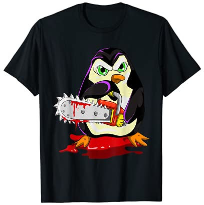 Costume di Halloween inquietante pinguino insanguinato motosega Maglietta