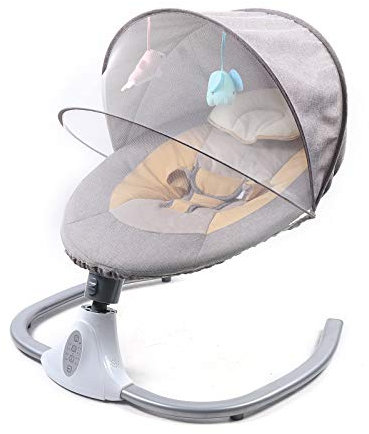 TIXBYGO Leichte Babywipp Babyschaukel mit Moskitonetz USB/tragbarer Eingebaute 12 Musik+MP3-Player+steckbare U-Disk (ohne U-Disk)+Fernbedienung+Sitzbezug+Kissen+Moskitonetz+PUPPE Grau