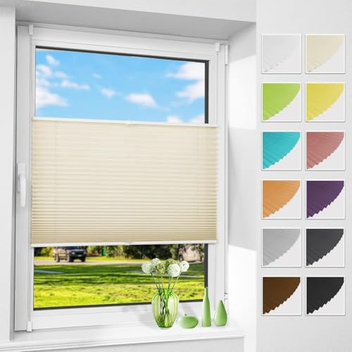 Allesin Plissee ohne Bohren Plissees Klemmfix Beige 100x80cm(BxH), Plisseerollo Faltrollo mit Klemmträger, Jalousie Rollos für Fenster und Tür, Sichtschutz und Sonnenschutz