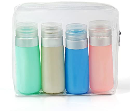 Silicone travel bottles for toiletries 100ml Set, 4 Pack leakproof bottle (85ml) label and clear cabin bags shampoo hand soap beach bag with zip holiday essentials, Multicolor