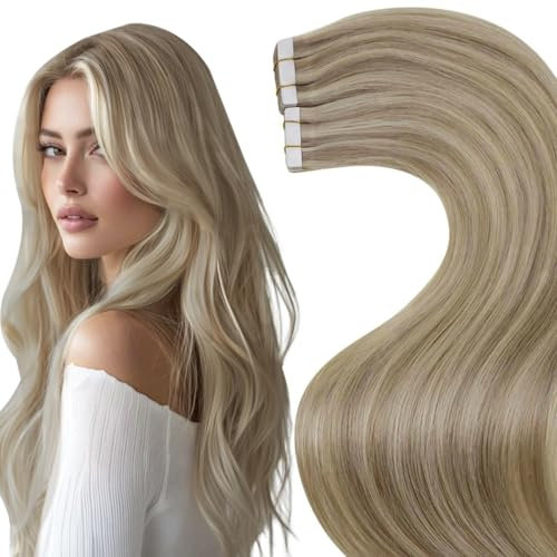 Hetto Tape Extensions Echthaar Blond Tape in Extensions Echthaar 50 cm Highlights Mittel Blond to Goldene Seidig Gerade Invisible Tape Klebe Remy Haarverlangerung 20pcs 50g #17/23