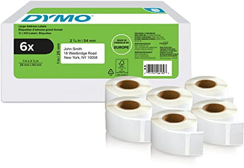 DYMO Original LabelWriter Rücksendeadressetiketten | 25 mm x 54 mm | 6 Rollen mit je 500 leicht ablösbaren Etiketten (3.000 Stück) | selbstklebend | Beschriftungsgerät für LabelWriter Etikettendrucker