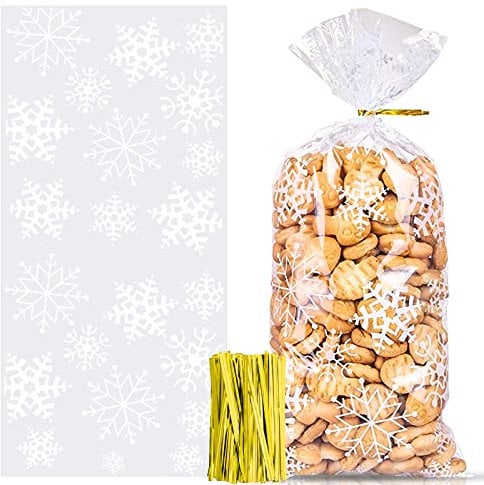 100 Stück Weihnachten Süßigkeiten Tüten, Cellophantüten, Schneeflocke Weihnachten Plätzchentüten, Kekse Goody Taschen mit 100 Stück Twist Krawatten für Plätzchen Kekse Pralinen (Weiß)