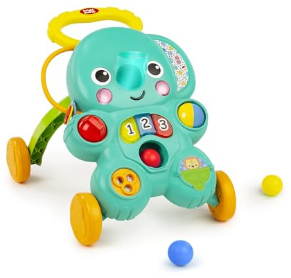Bright Starts Stroll 'n Roll 2-in-1-Ball Push Walker – Includes 3 Toy Balls, Elephant with 70+ Songs & Sounds, 7 Activities - Ball Drop, Piano, Spinner, Flip Book & More