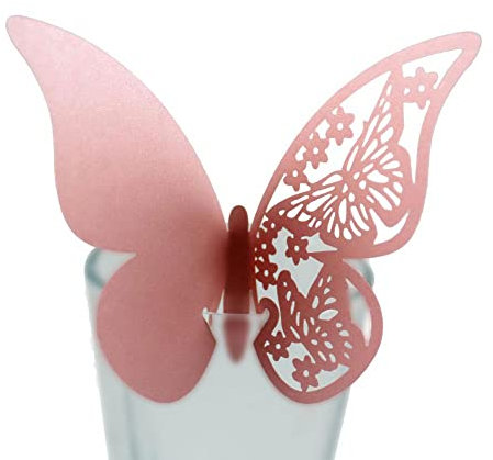 zalati Lot de 50 marque-places en forme de papillon pour verre à vin et champagne - Décoration de fête de mariage - Rose