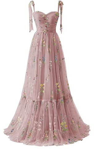 Basgute Robe de bal de fin d'année en tulle avec broderie florale - Robe longue à bretelles spaghetti froncée - Robe de soirée formelle, Longueur du sol 02 - Rose poudré, 52 plus