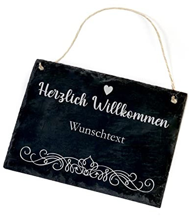 Schiefertafel Herzlich Willkommen mit Wunschtext Name und Ornament Herz Motiv - Schild Türschild Türdeko Willkommensschild - 22 x 16 cm