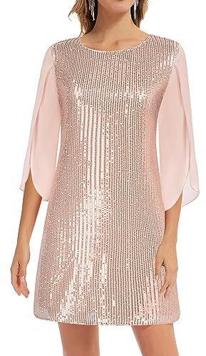 GRACE KARIN Femme Cocktail Robe à Paillettes Mi-Longue Décontractée à Manches 3/4 Chic M Rose à Sequins