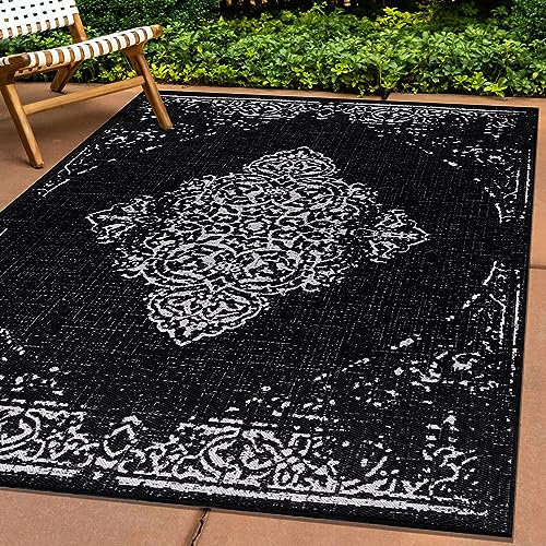 Carpettex Outdoor Teppich Wetterfest 240 x 340 cm Sisal Optik Schwarz - Ideal für Balkon, Garten, Terrasse und als Küchenteppich - In&Out Teppich Waschbar, Flachgewebe, Pflegeleicht, Vintage Design