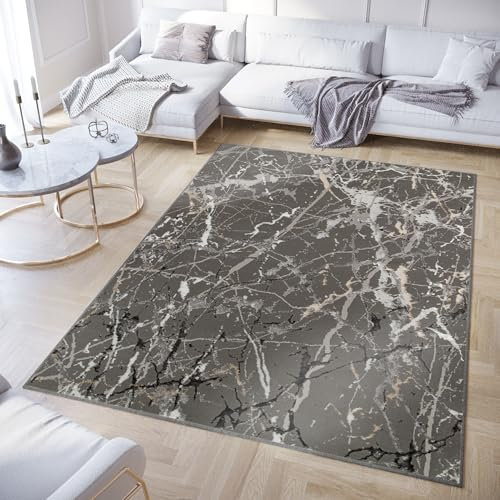 TAPISO Crystal Teppich Kurzflor Glänzend Dunkelgrau Marmor Verwischt Meliert 3D Effekt Wohnzimmer Schlafzimmer Modern Design ÖKO-TEX 80 x 150 cm