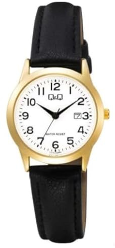 Q&Q Damen-Uhr Leder Armband Datum 3 Bar Analog Quarz (schwarz goldfarbig)