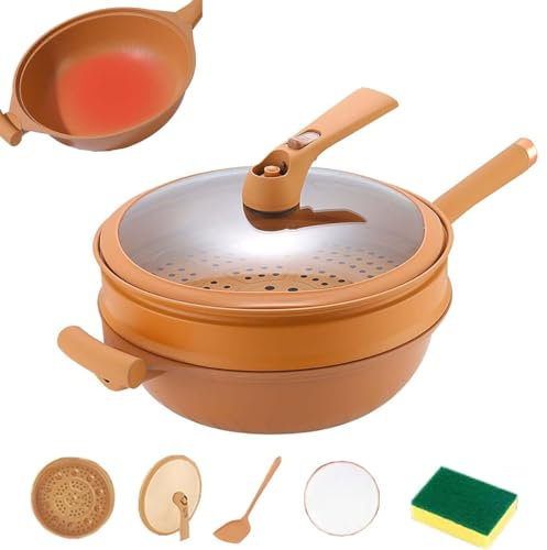 Tencipeda Non-Stick Clay Wok with Steamer Basket, 2.6in Multifunctional Pottery Clay Non-Stick Micro Pressure Pot, 3-Layer Bottom Even Heat Distribution Woks (with Steamer)