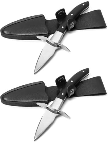 QWORK® 2 piezas Cuchillo para ostras, cuchillo para ostras con funda de cuero, hoja de acero inoxidable con mango de madera de alta calidad
