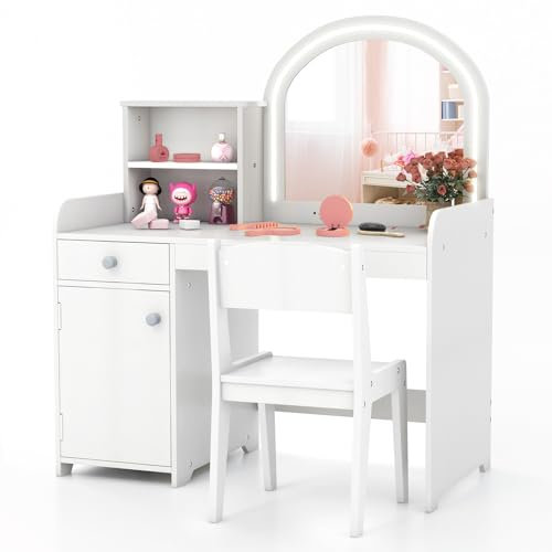 COSTWAY Toeletta Trucco 2 in 1 per Bambina, Specchiera per Ragazza in Legno con Mensole, Cassetto, Ripiani e Luci LED Regolabile, Postazione Trucco per 3 Anni, 80 x 40 x 94 cm (Bianco)