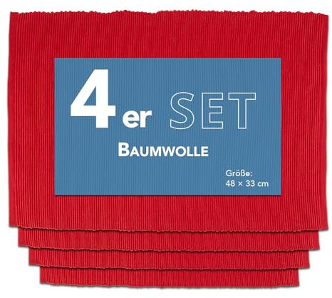 Como Platzmatte 4er Set rot, Platzset aus Baumwolle, strapazierfähig, hitzebeständig, abwaschbar, rutschfest, Platzdeckchen 48x33 cm