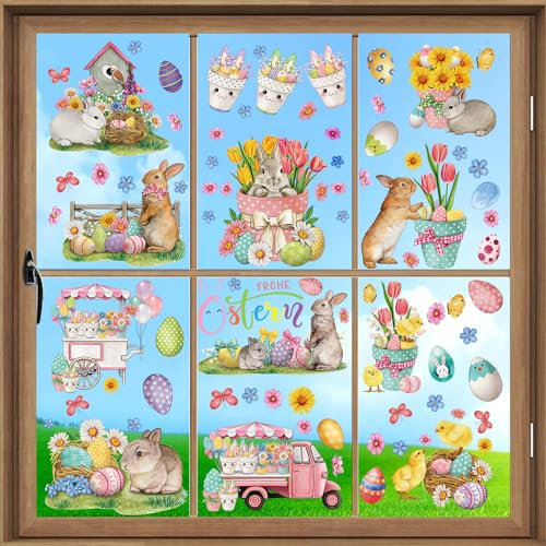 AhfuLife Fensterbilder Ostern, 9 Blätter Selbstklebend Fenstersticker Oster Aufkleber, Fensterdekoration Frühling Hasen Küken Ostereie Wiederverwendbar für Kinderzimmer Ostern Deko (Stil 4)