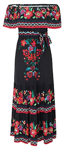 Sommerkleid Damen Mexikanerin Off Shoulder Mexikaner Mexikanisches Kleid Lang Strandkleid Leicht Maxikleid Zigeuner Sommerkleider Elegant Hawaii Spanierin Afrika Kostüm Mexikanische Blumenkleid