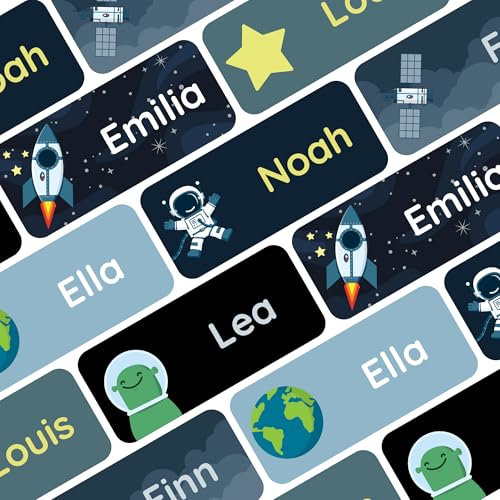 Klebekerlchen® Namensaufkleber für Kinder (60 Stück), Kleidung & Gegenstände Namensschilder personalisiert und waschmaschinenfest, Schule und Kindergarten - Weltraum
