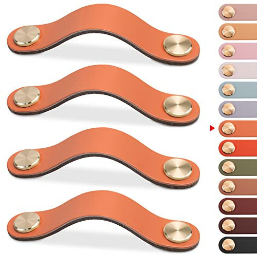 LEREATI Leather Drawer Handles & Knobs - 4pcs Kitchen Cupboard Handles & Pulls, Door Knobs for Cupboards, Wardrobe, Dresser, Closet (Light Orange, 160mm Hole Center)