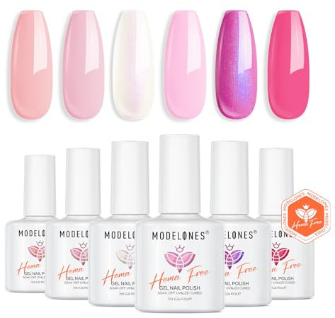 Modelones Hema Free Pink Gel Nail Polish Set, 6 Colors Hot Pink Tones Gittler Gel Polish Neon White Nude Varnish Soak Off Led Summer Polish Manicure Nail Art DIY Gifts