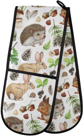 Double Oven Gloves Cute Animals Squirrel Hedgehog Mushroom Heat Resistant Pot Holder Oven Mitt Gloves for BBQ Cooking Baking Grilling Microwave