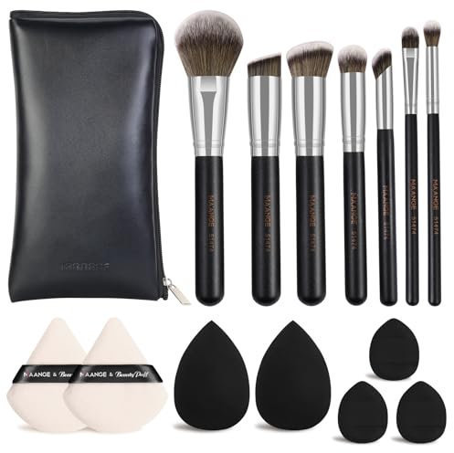 MAANGE Lot de 15 pinceaux de maquillage synthétiques de qualité supérieure pour fond de teint, poudre, anti-cernes, fard à paupières, blush, avec sac de pinceaux de maquillage (noir argenté)