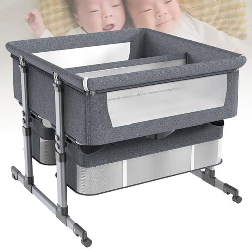 Babybett für Zwillinge, Baby-Beistellbett, Kinderbett mit Rädern und Aufbewahrungskorb, tragbares Babybett mit Stubenwagen, 6-Fach höhenverstellbarer Nachttisch gegen Erbrechen für 2 Babys,Grey