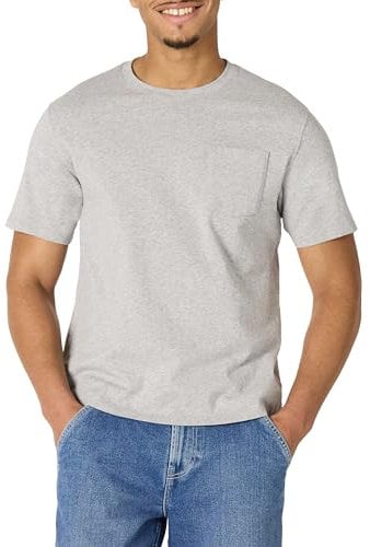 Amazon Essentials Men's Relaxed-Fit Heavyweight Cotton Pocket T-Shirt, Medium Grey Heather, Large