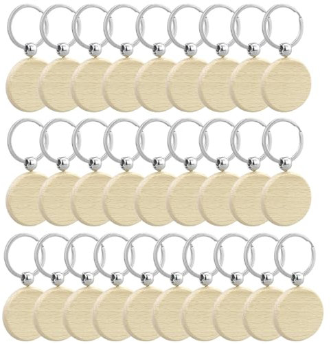 JRSHIRLEYLTD Lot de 28 Porte-clés en Bois Vierges Personnalisés, Ronds, Vides, à Peindre, Inscriptibles, pour Bricolage, Décoration, Cadeaux, Trousseau de Clés