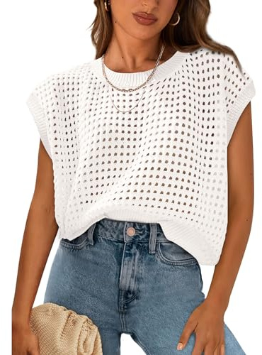 PRETTYGARDEN Womens Spring Tops 2025 Summer Shirts Crochet Cap Sleeve Sweater Pullover Cute Beach Vacation Clothes(White,Large)