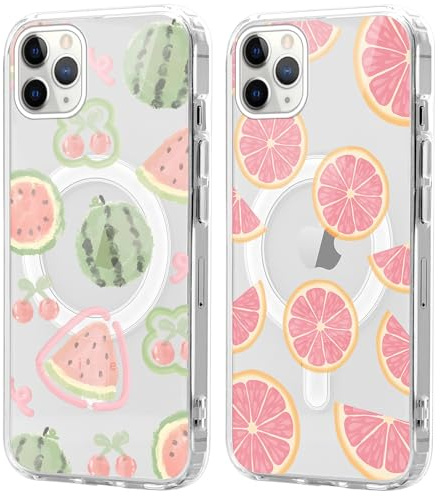 Phoona 2 Packs Magnetic Case for iPhone 11 Pro Max 6,5, Compatible with Magsafe Cherry Watermelon Grapefruit Pattern Soft Cute Aesthetic Transparent Anti-Drop Funda for Women Girls Protective Cover