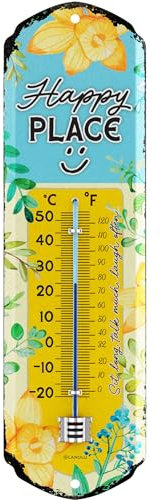 LANOLU Thermometer Happy Place, Lieblingsplatz Schild Garten außen - Deko Garten vintage Schilder - Chill Lounge Gartendeko - Wanddeko Garten Schild aus Metall, retro Blechschild 8x28cm