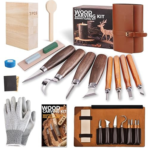 Wood Carving Kit Woodworking Chisel: Bluvizo Professional Whittling Craft Set, 25 Pcs Deluxe Hand Tool Kit with Luxury Leather Case, Gift for Beginners Kids Adults DIY Fun