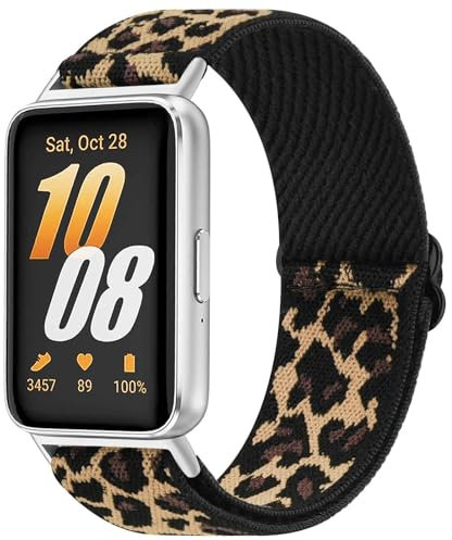 Amzpas Nylon Armband Kompatibel mit Samsung Galaxy Fit 3 Armbänder für Damen Herren, Elastische Uhrenarmband Loop Dehnbare Ersatzarmband für Samsung Galaxy Fit 3 SM-R390 (Leopard)