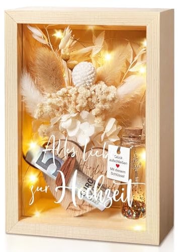 Hochzeitsgeschenke für Brautpaare, Geldgeschenke Hochzeit, Liebes Romantisches Geschenk Für Sie，inklusive Ewige Blumen, Holzbox, Kunststoff Reagenzglas, Lichterketten, Schlüssel Geschenkbox