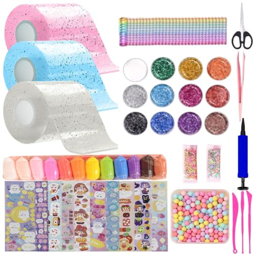FFTANXS 53 Stück Nano Tape,Nano Tape Bubbles Set mit 3 Nanotape(5cmx3m)+50 Deluxe Materialpakete,Nanoband für Stressabbau und Spaß,Bubbles Diy Set für Mädchen,Jungen,Party Geschenke(Rosa+Blau+Weiß)