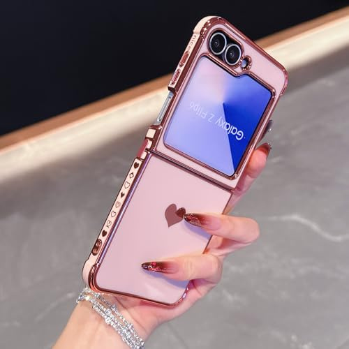 LSOUGUK Compatible with Samsung Galaxy Z Flip 5/Samsung Galaxy Z Flip 6 Case,Love Heart Pattern Electroplated Design Soft TPU Shockproof Protective Phone Case Full Camera Lens Protection Cover -Pink