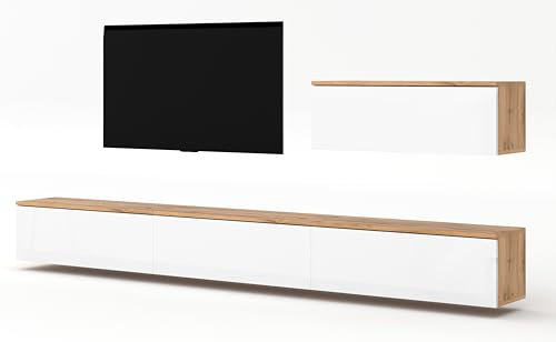 AXLIVING Anbauwand Loriano IV Wohnwand Eiche Wotan/weiß Hochglanz 300