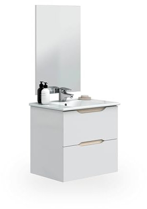 duehome | Mueble de Baño Suspendido con 2 Cajones y Espejo, Modulo Colgante, Modelo Nexa, Acabado en Blanco Brillo y Roble, Medidas: 60 cm (Ancho) x 57 cm (Alto) x 45 cm (Fondo)