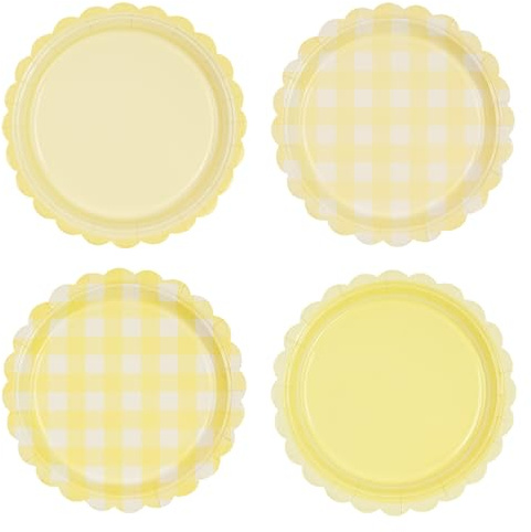 EVYIENEN 48Pcs Gingham Paper Plates 7 Inch Disposable Scalloped Disposable Dessert Plates for Picnic Wedding Birthday Baby Shower Party Supplies-4 Colors (Yellow)