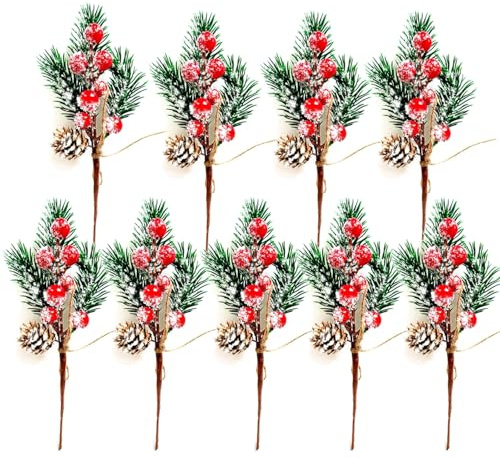 SUNKURO 10 Stück Kleine Künstliche Tannenzweige, Beerenzweig mit Beeren und Tannenzapfen Beeren Weihnachten Rote Deko Weihnachtsdekoration